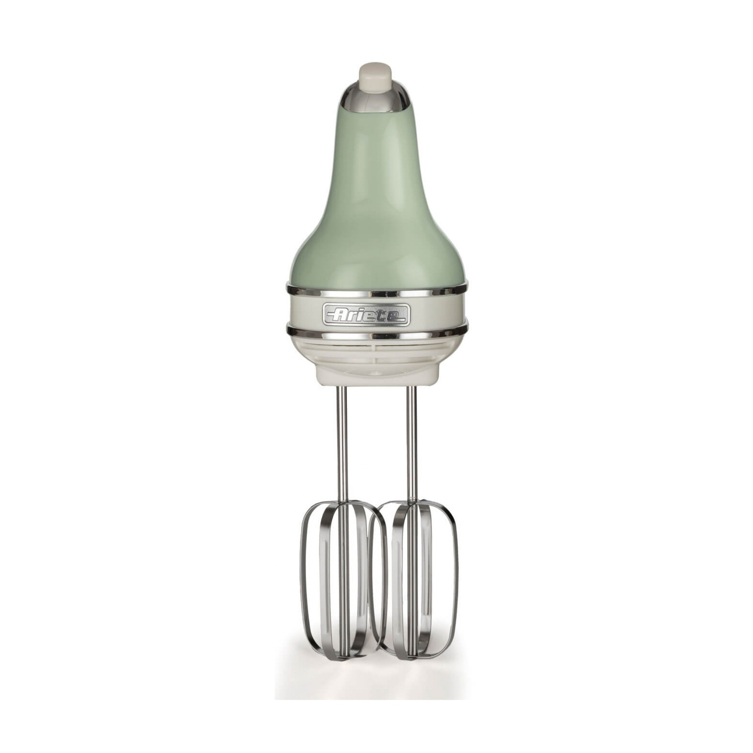Un frullatore a mano verde menta e bianco con fruste d'argento. È un design retrò con un pulsante superiore bianco e finiture argentate.