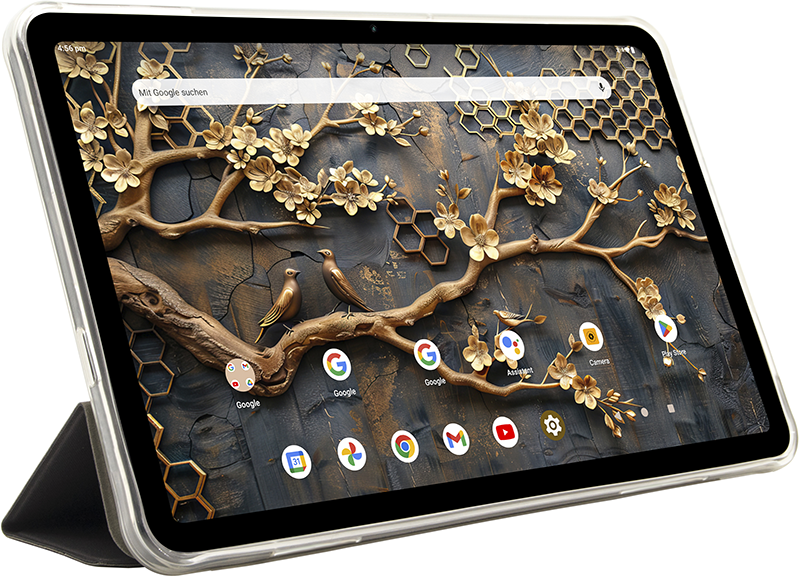A táblagép részletes virágmintát jelenít meg madarakkal. Látható a Google keresősáv. Google, Assistant és Play Store alkalmazásikonok.