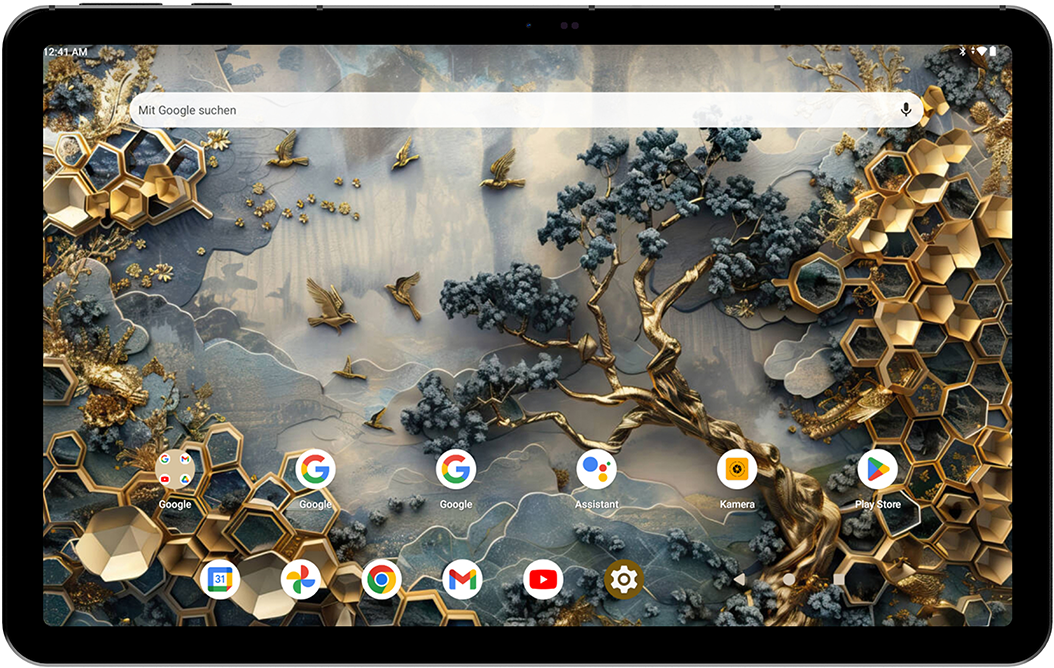 Tablet képernyője aranyfával, madarakkal és méhsejtmintával. Google keresősáv felül, alkalmazásikonok alul.