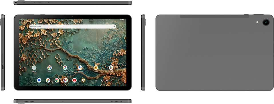 Tablet virágos és méhsejt mintás képernyővel. Az oldalak szürke tokot mutatnak, hátul kamerával.