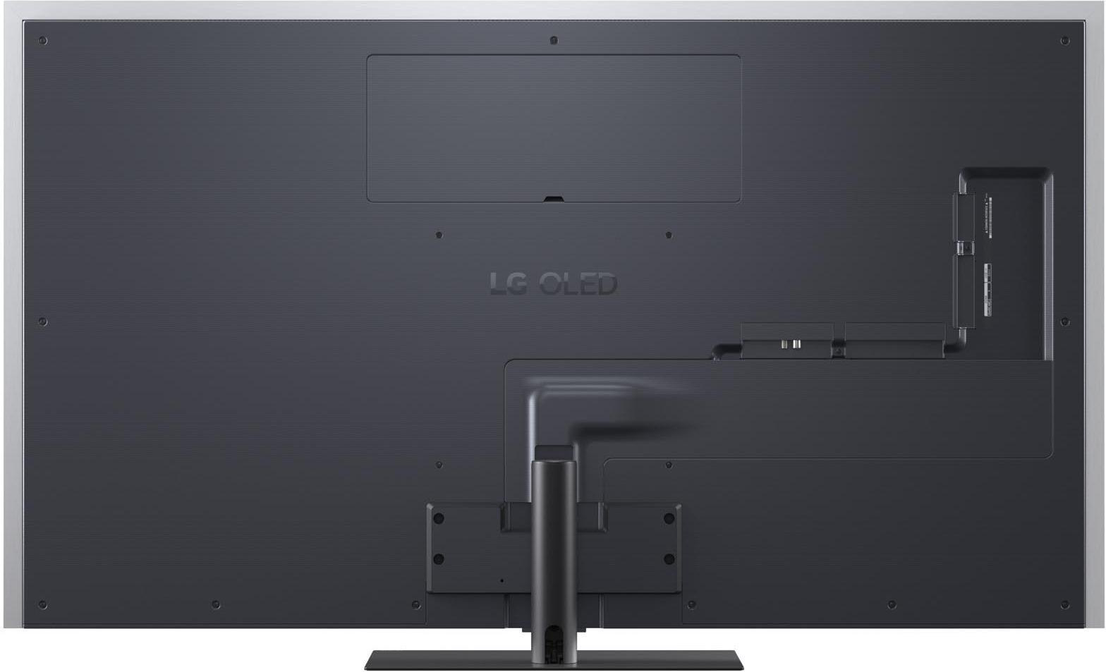 Rückseite eines dunkelgrauen LG OLED-Fernsehers. Es hat einen silbernen Rahmen, verschiedene Anschlüsse und einen Ständer. Der Markenname ist sichtbar.