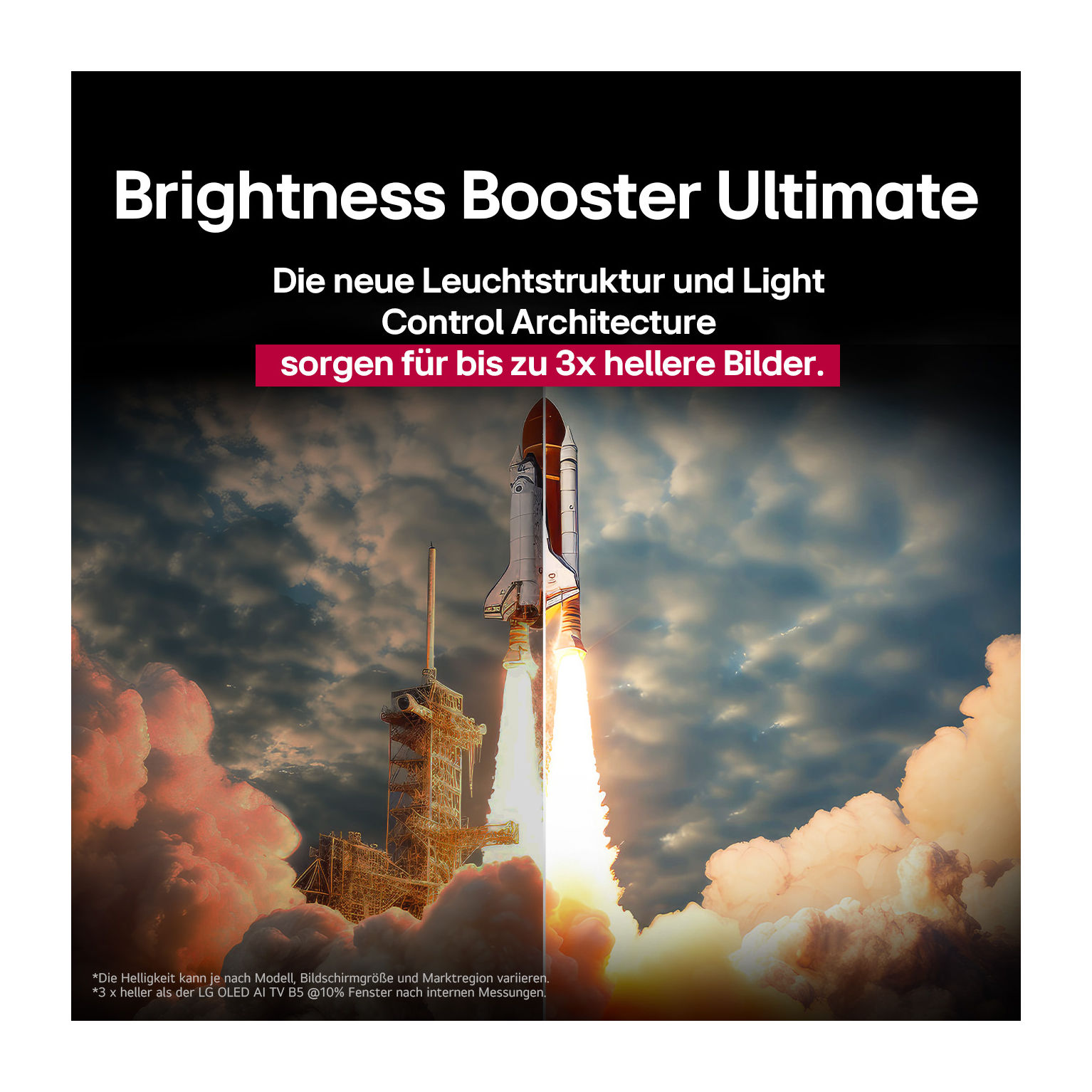Ein Space Shuttle startet mit hellen Flammen und Rauch vor einem bewölkten Himmel. Oben steht 'Brightness Booster Ultimate'.