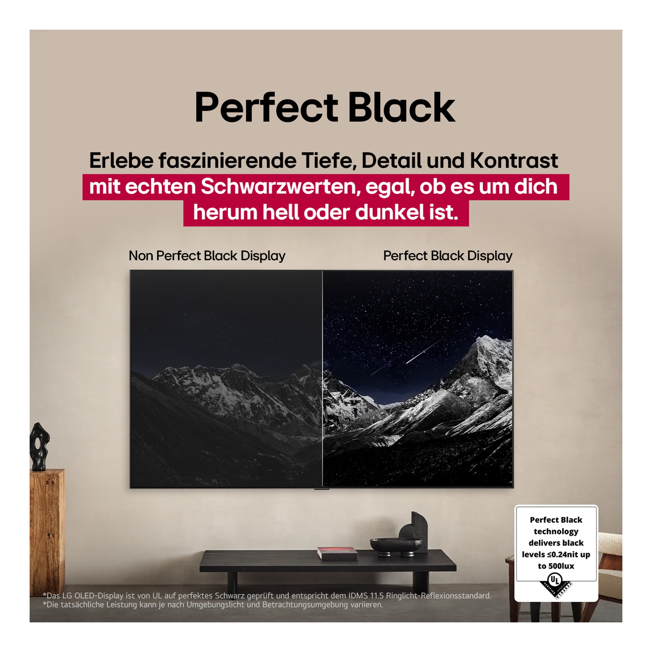 Das Bild zeigt eine Perfect Black TV-Werbung. Es vergleicht ein nicht perfektes Display mit einem perfekten, mit Berglandschaften.