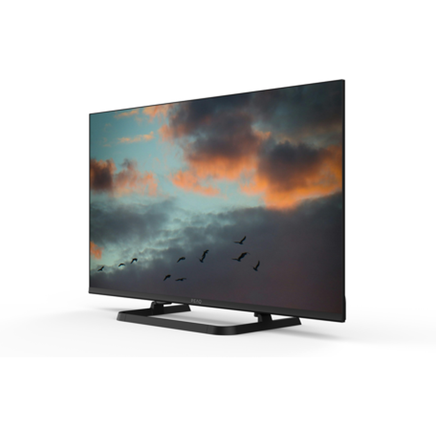 A black flat-screen TV displays a sunset sky with birds flying. The TV sits on a black stand against a white background.
