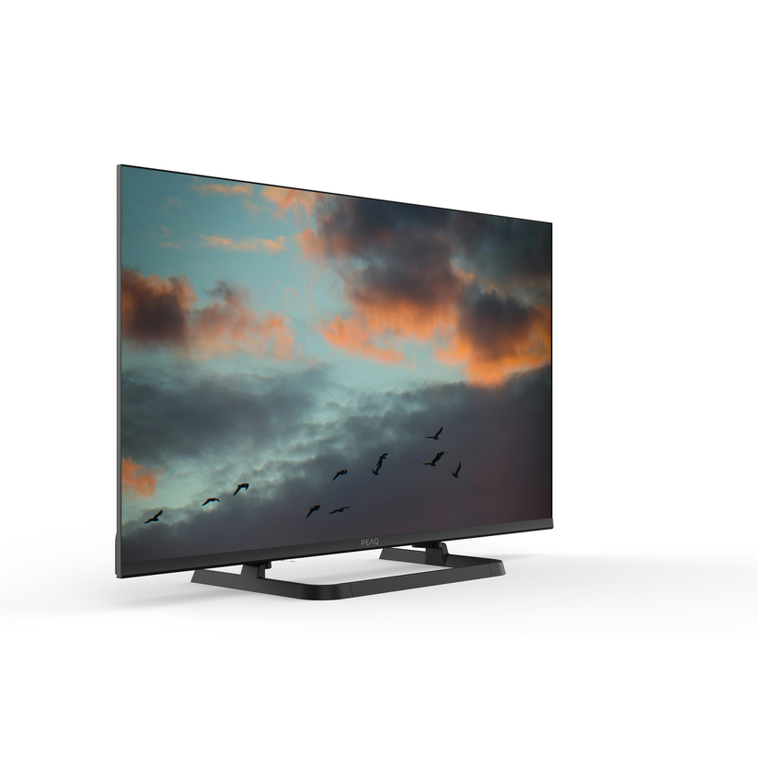 A flat-screen TV displays a cloudy sky with birds in flight. The TV has a black base, and the background is white.