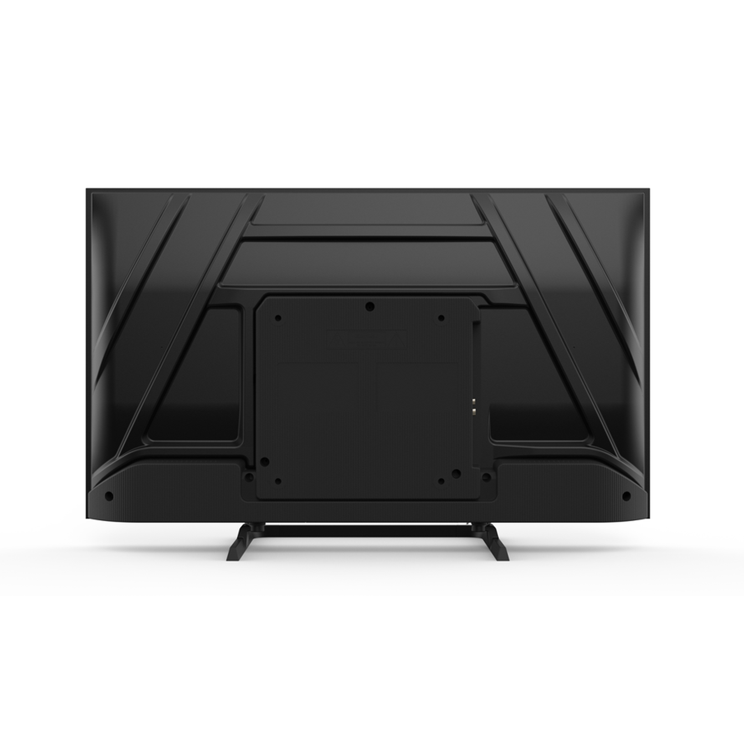 Back of a black TV on a white surface. The TV has a stand and a central mounting area with a textured design.
