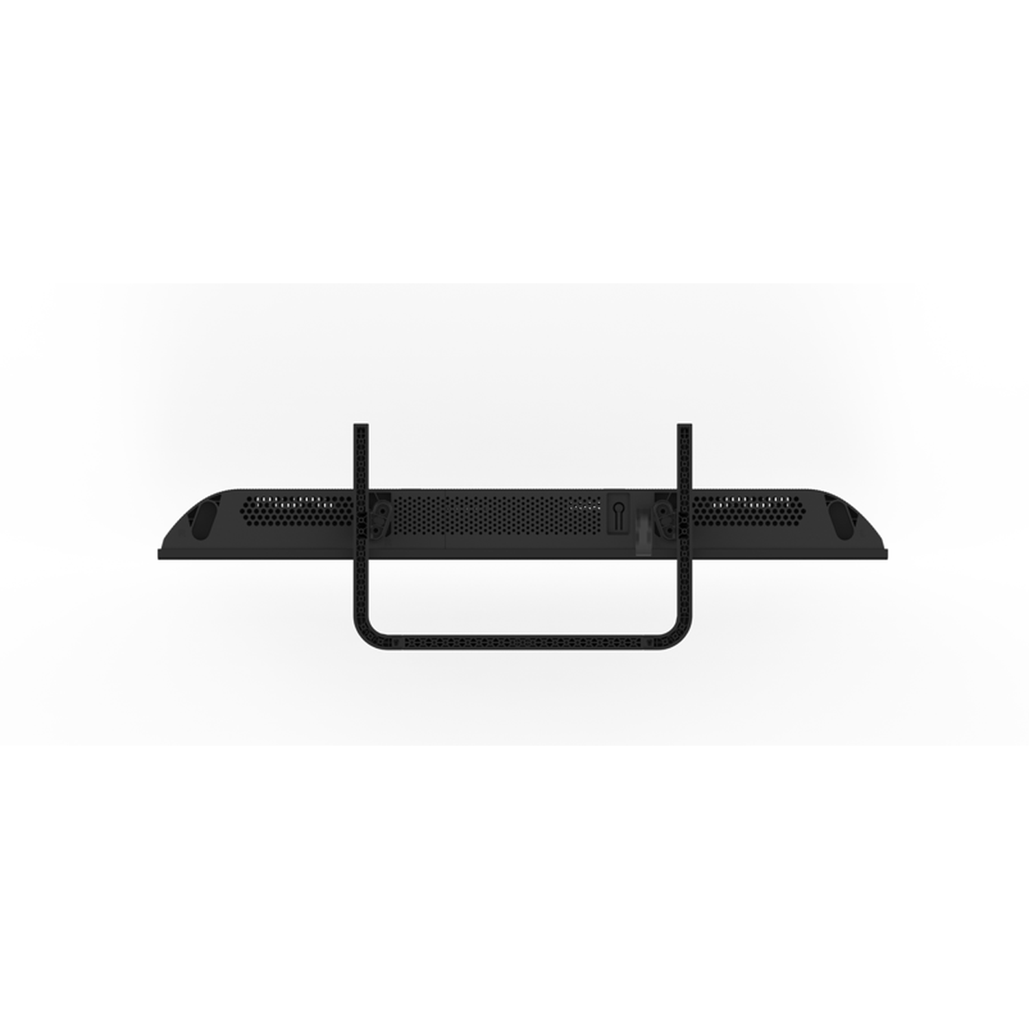 A black TV from the back, with a mounting bracket, is centered on a white background.