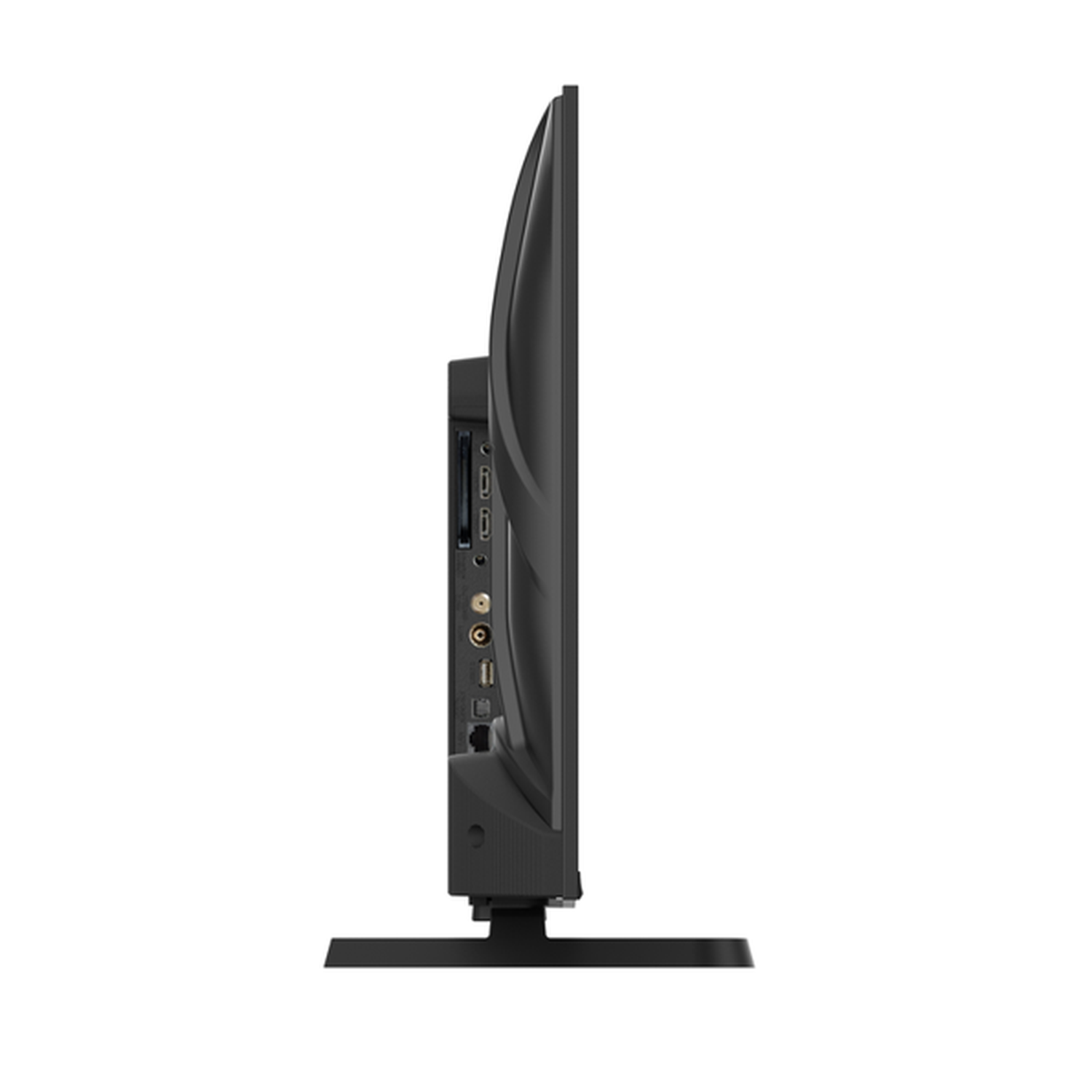 A black flat-screen TV is seen from the side. It's on a black stand. The TV has ports on the side. The background is white.