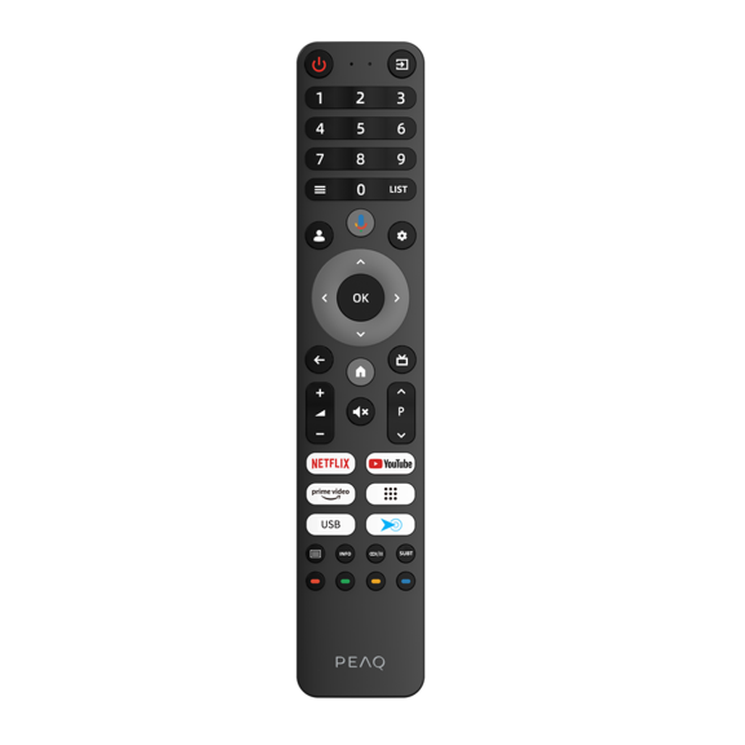 A black remote control with many buttons, including numbers, navigation, and streaming service shortcuts. The brand name PEAQ is visible.