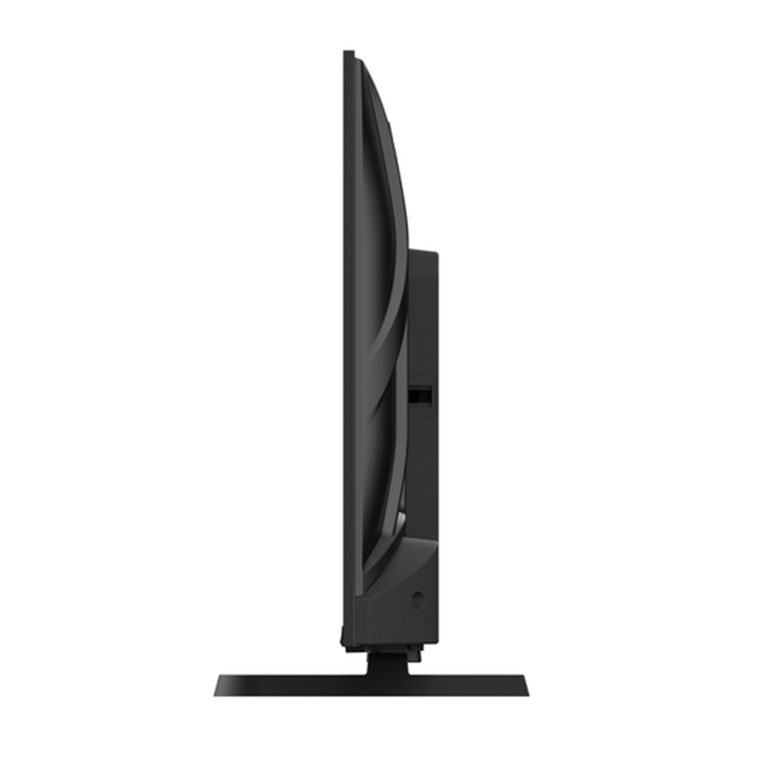 Side view of a black flat-screen TV with a stand. It's on a white background.