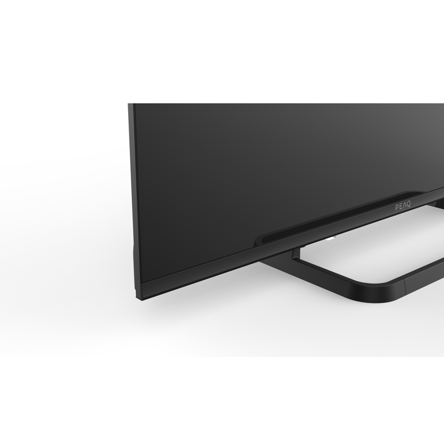 A close-up of a black PEAQ monitor, with a black stand, set against a white background. The monitor's edge is visible.