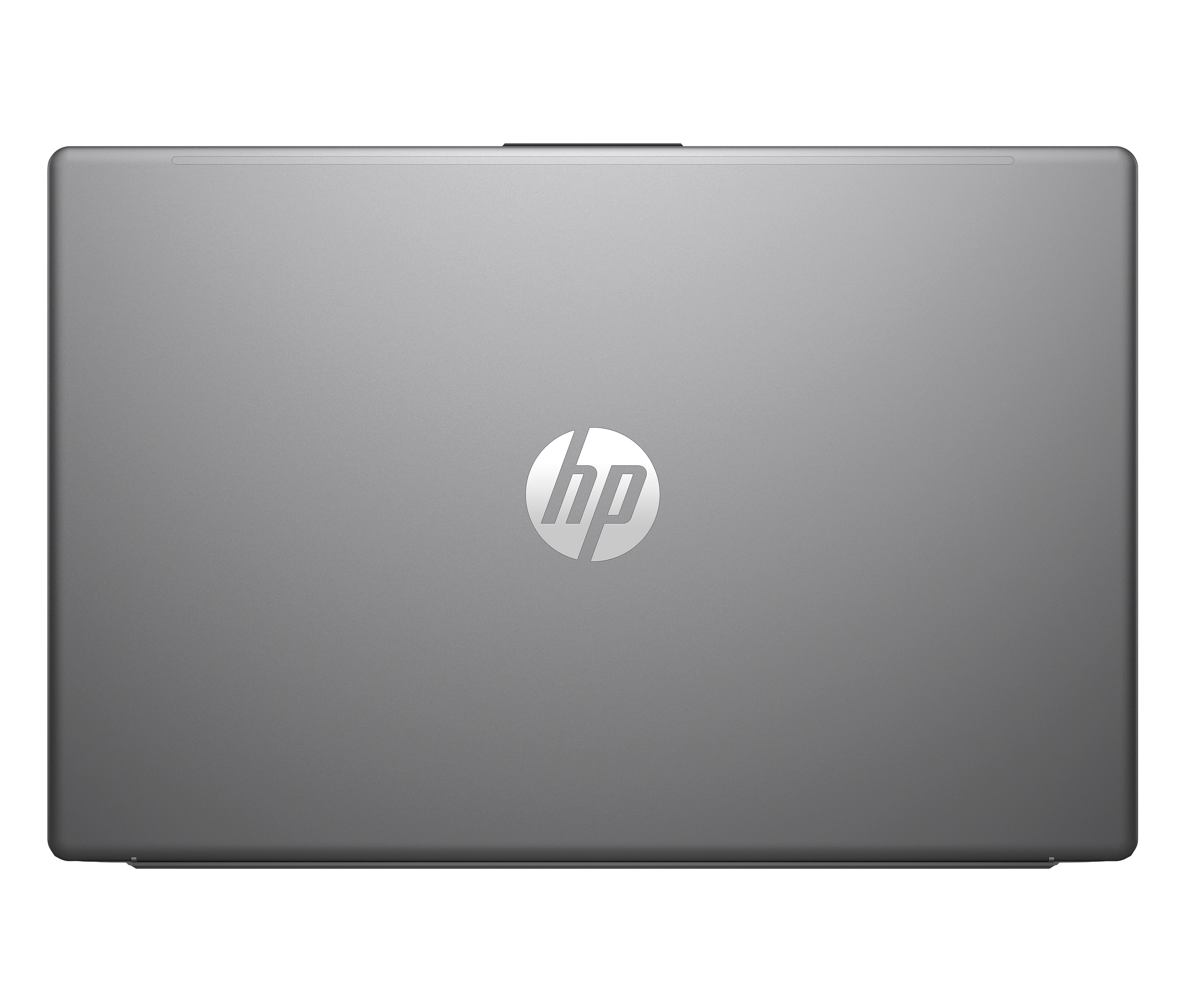 Ein geschlossener grauer Laptop mit HP-Logo in der Mitte auf schwarzem Hintergrund.