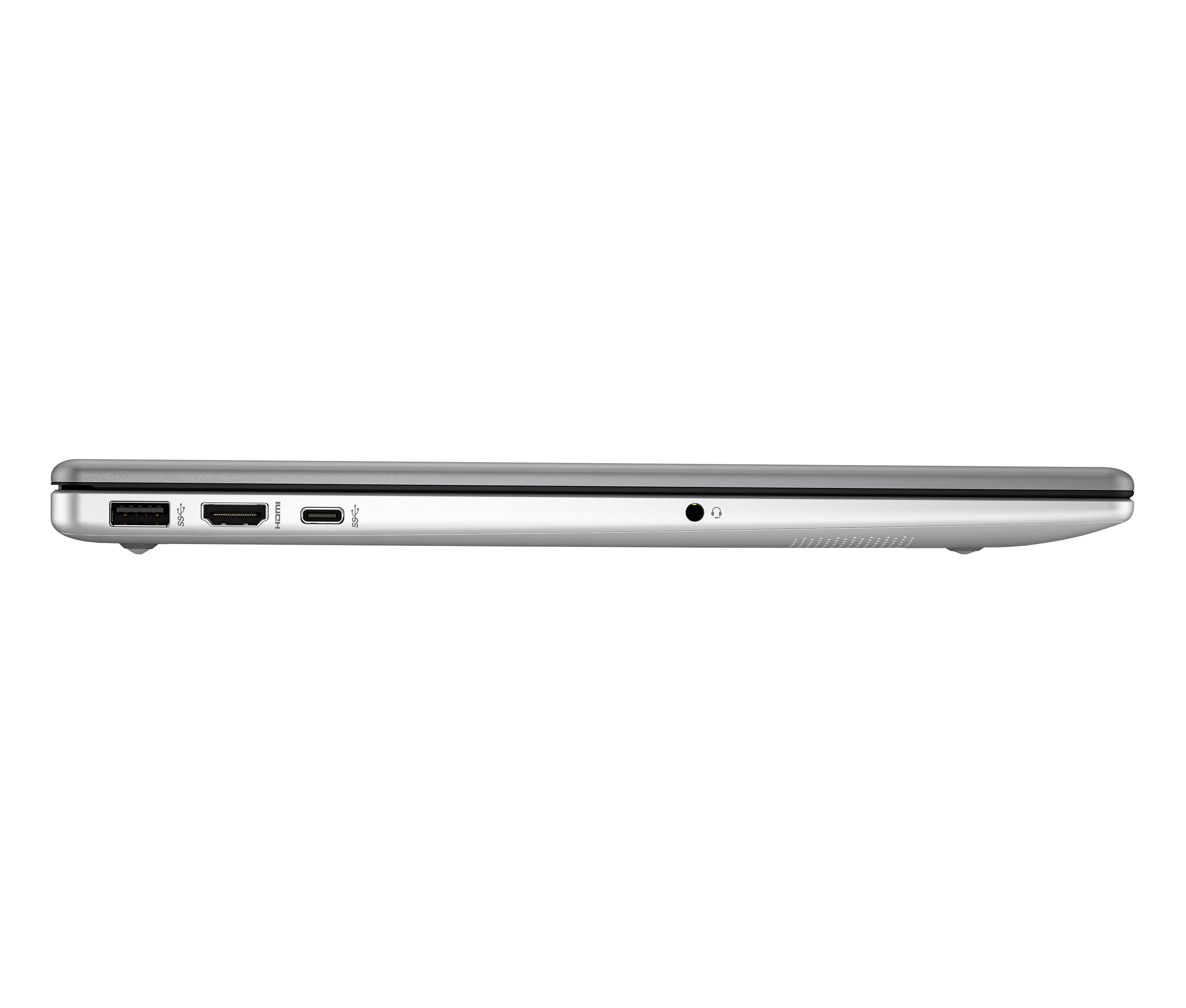 Seitenansicht eines silbernen Laptops auf schwarzem Hintergrund, mit Anschlüssen und Kopfhöreranschluss.