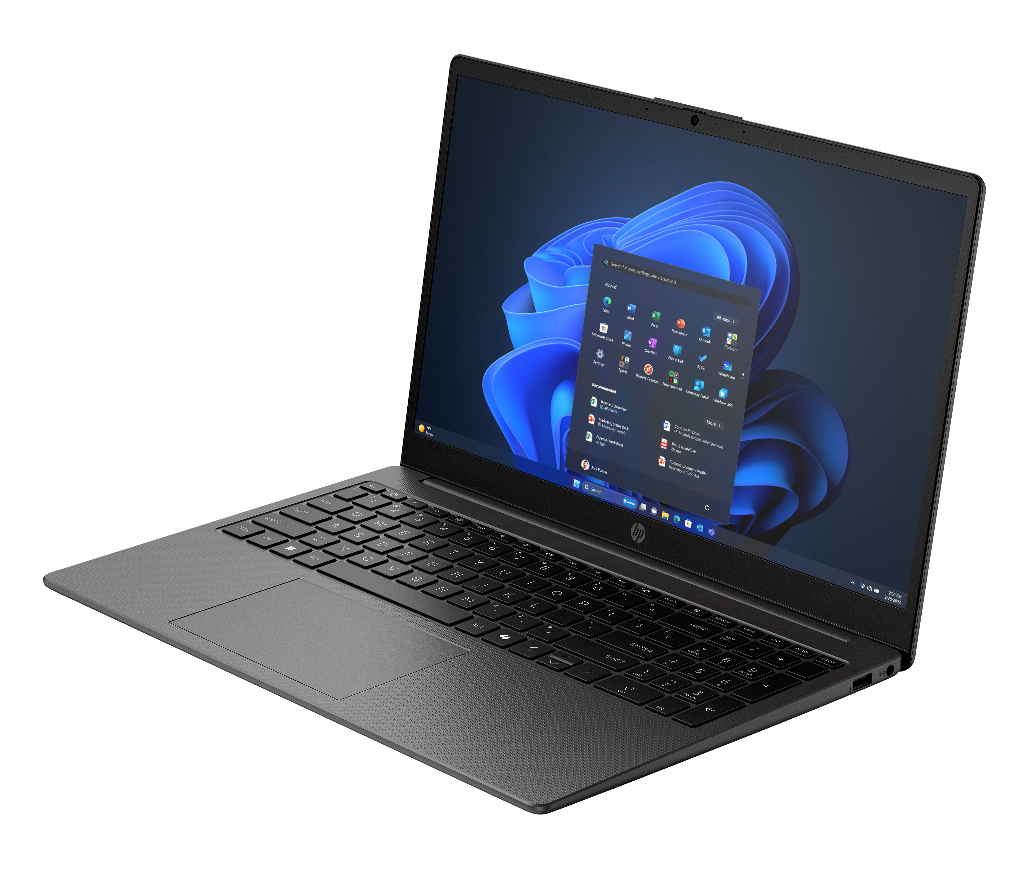 Ein dunkelgrauer HP-Laptop ist geöffnet und zeigt die Windows 11-Oberfläche und ein Startmenü auf schwarzem Hintergrund.