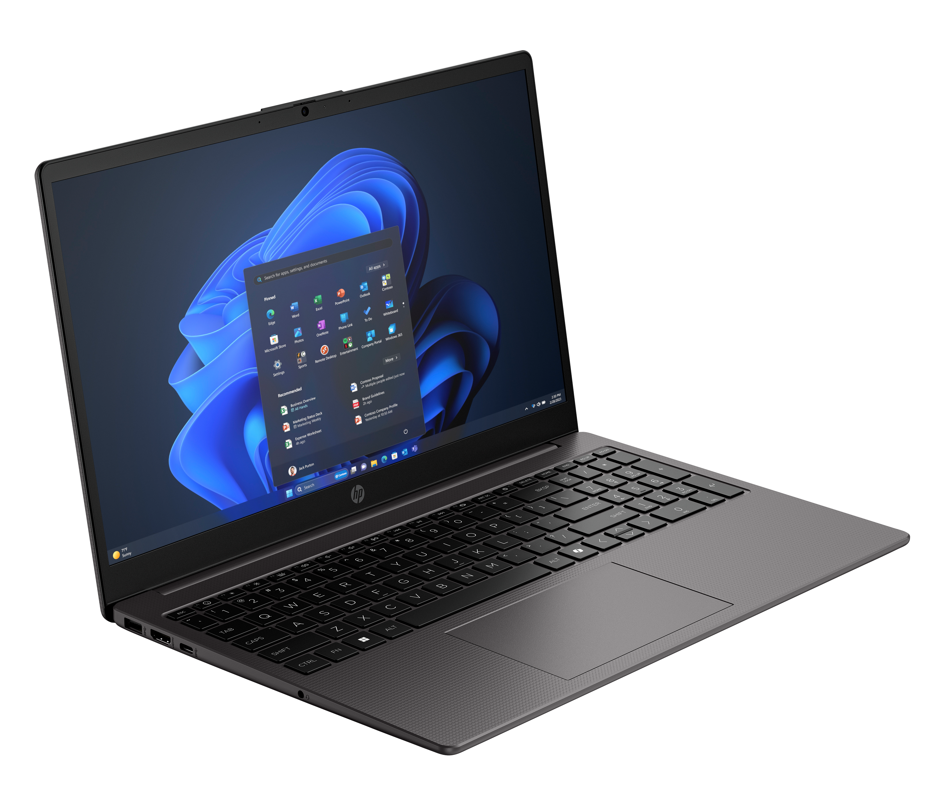 Ein Laptop mit geöffneter Windows 11-Oberfläche, die Apps anzeigt. Der Laptop ist dunkelgrau, mit schwarzem Hintergrund.