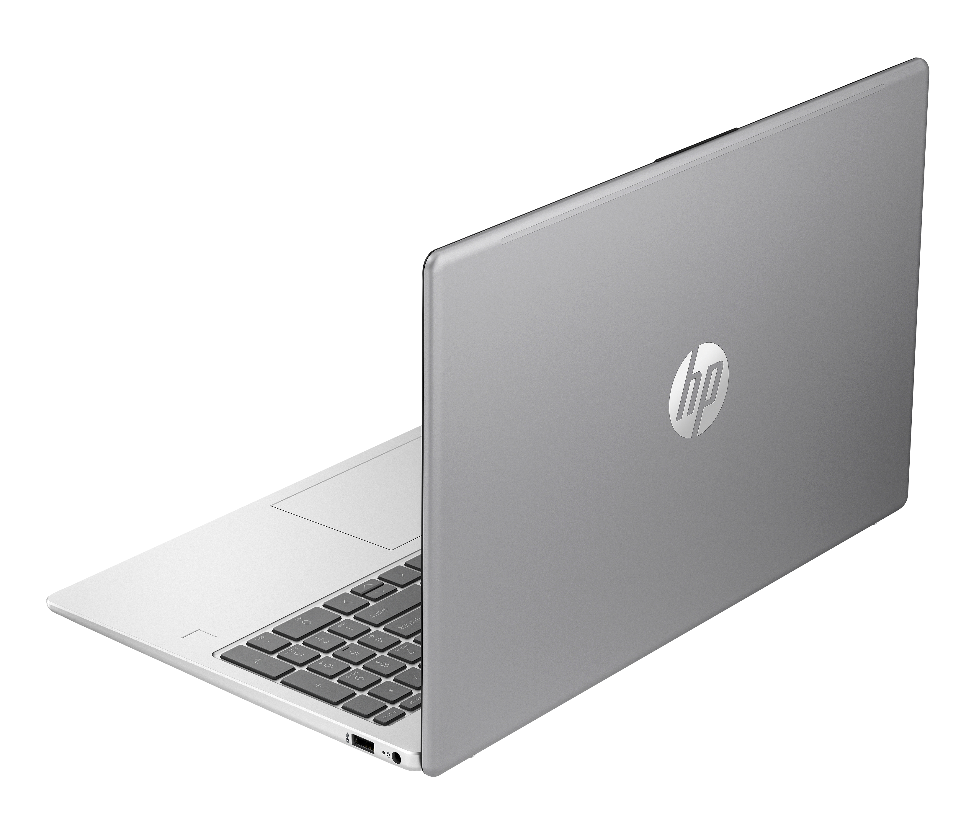 Ein silberner HP-Laptop ist auf schwarzem Hintergrund geöffnet. Die Tastatur ist sichtbar, und das HP-Logo ist auf dem Deckel.