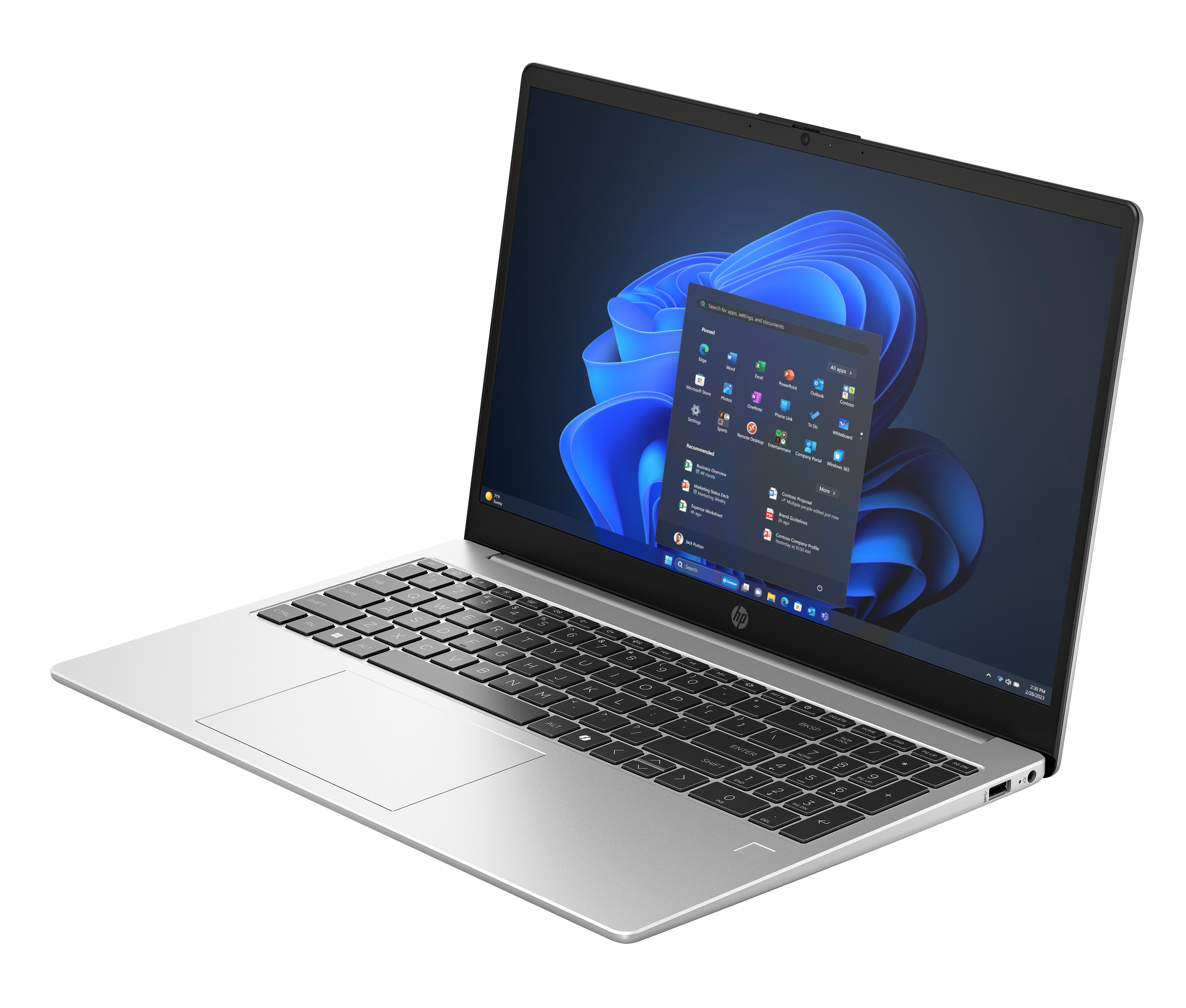 Ezüst HP laptop fekete háttérrel, Windows 11 felülettel a képernyőn, különböző alkalmazásokkal.