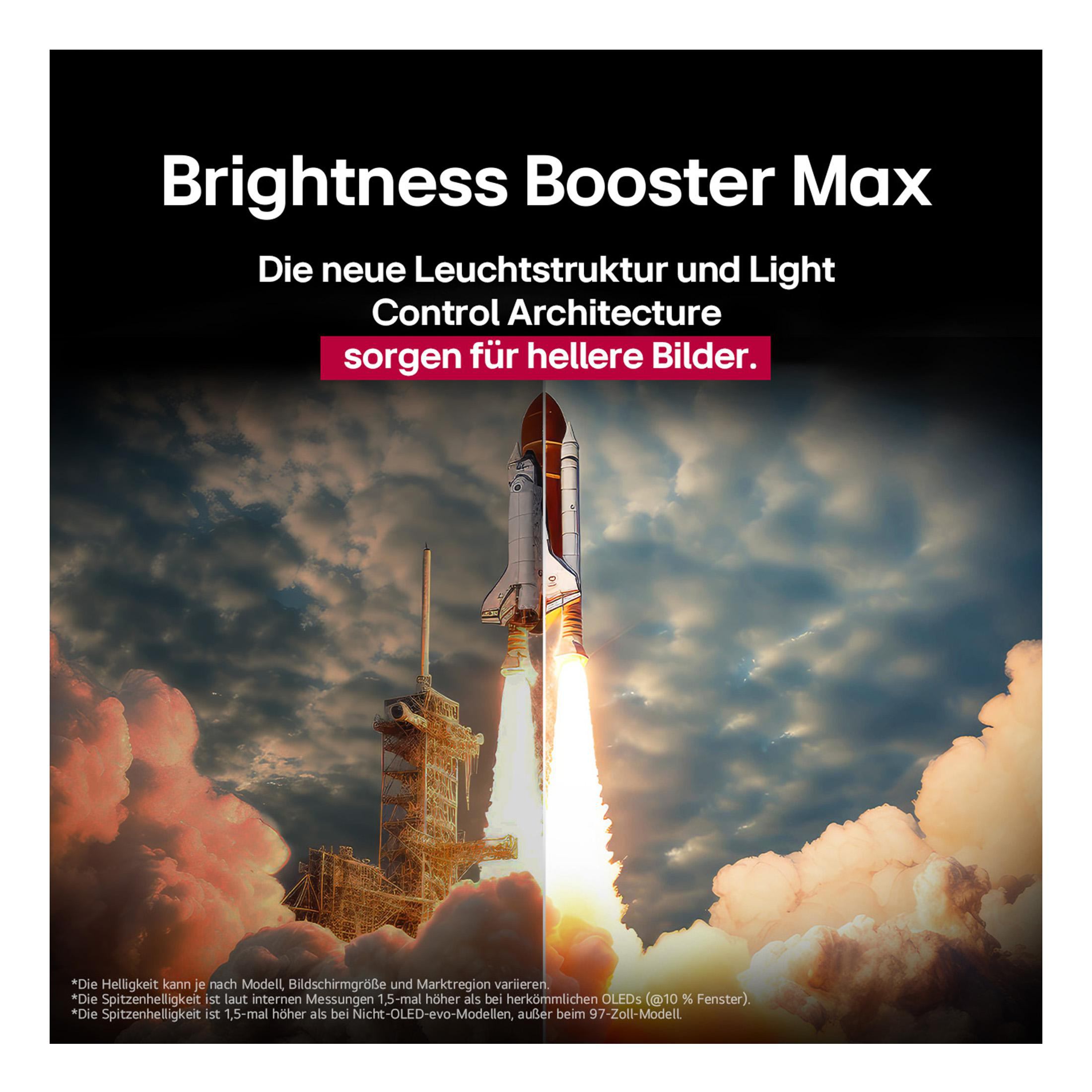 Ein Space Shuttle startet mit hellen Flammen. Oben steht "Brightness Booster Max" und "sorgen für hellere Bilder."