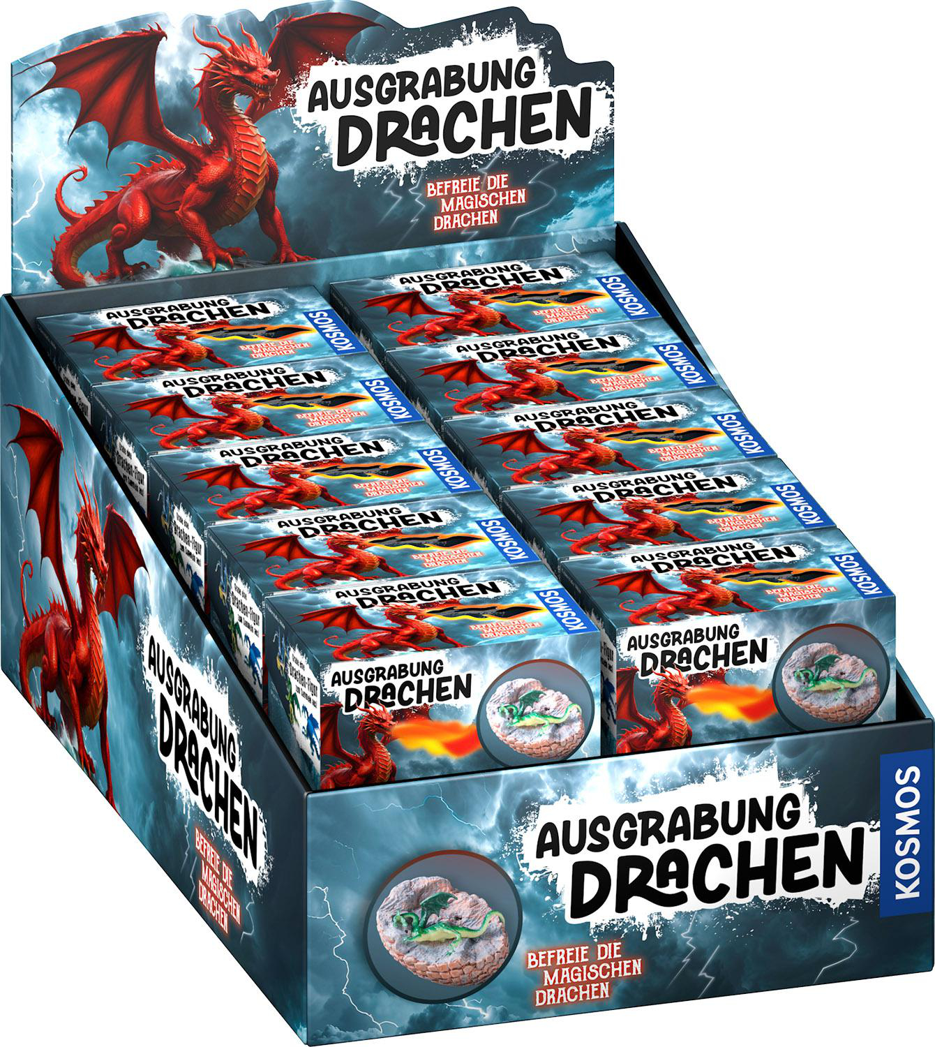 Eine Displaybox mit 'Ausgrabung Drachen'-Spielzeug, mit roten Drachenillustrationen und dem Slogan 'Befreie die magischen Drachen'.