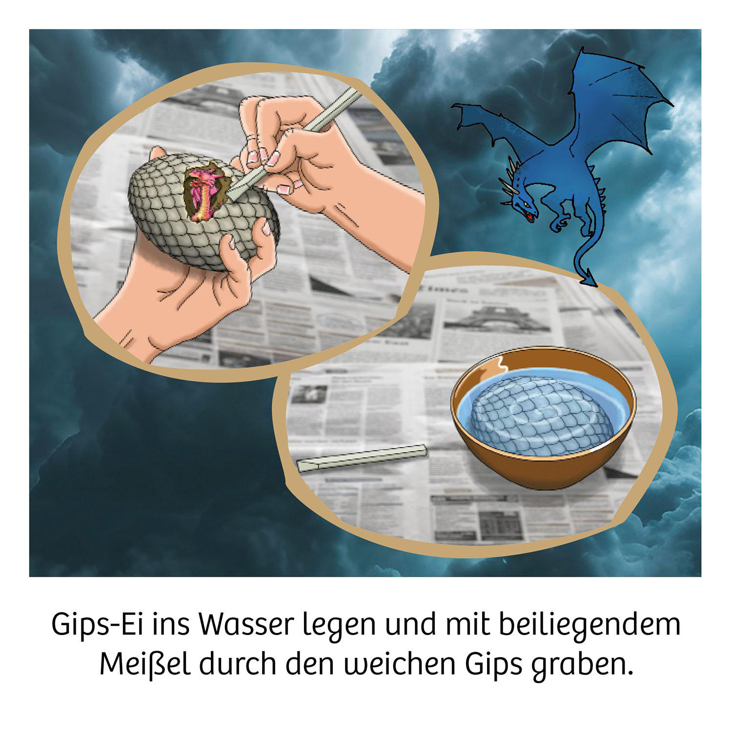 Ein Ei wird mit einem Werkzeug ausgegraben, ein blauer Drache fliegt. Es gibt ein Ei in einer Wasserschüssel.