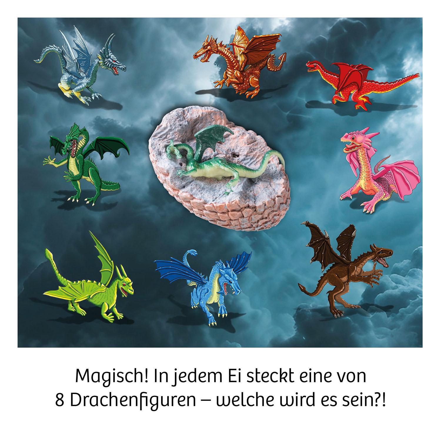 Neun Spielzeugdrachen in verschiedenen Farben und Posen sind um eine zentrale Eistruktur auf blauem Hintergrund angeordnet.