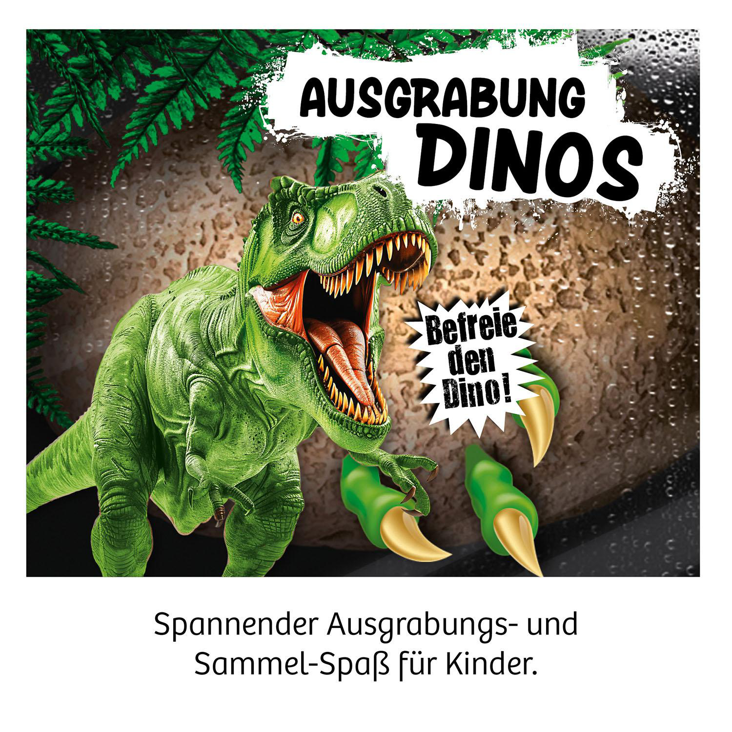 Ein grüner Dinosaurier mit offenem Mund und Text 'Ausgrabung Dinos', 'Befreie den Dino!' mit Krallen. Hintergrund mit Wassertropfen.