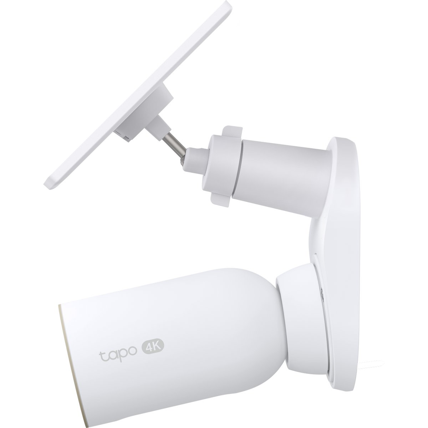 White Tapo 4K security camera with a solar panel. It is mounted on a white surface. The camera has a rounded shape.