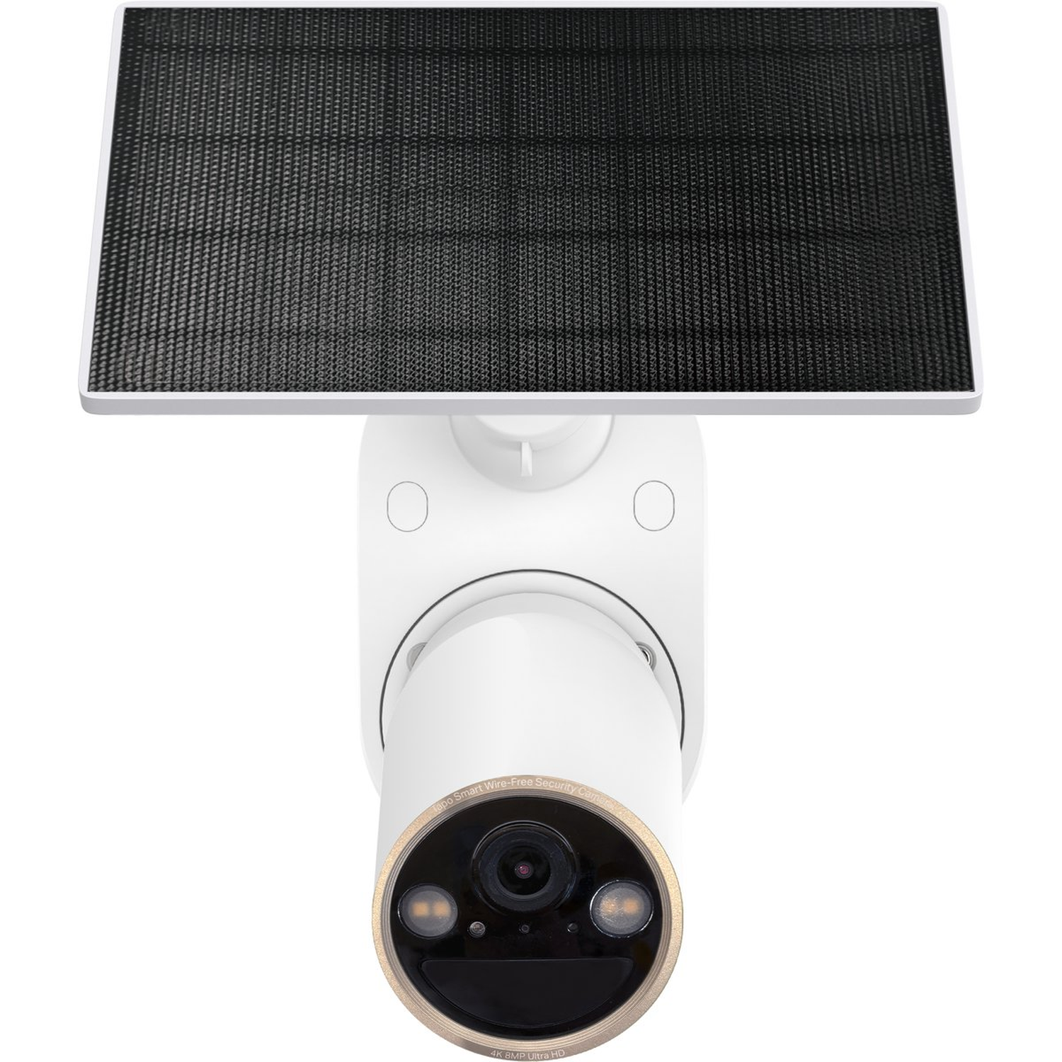 A white security camera with a black solar panel on top. It has a gold-colored lens and two lights. The camera is labeled as 4K 8MP Ultra HD.