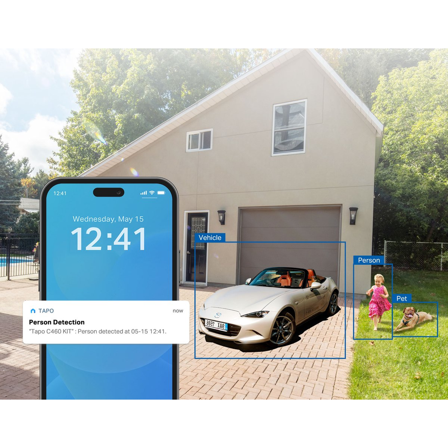 A smartphone displaying a person detection alert. A convertible car is parked in front of a house. A child and dog are in the yard.