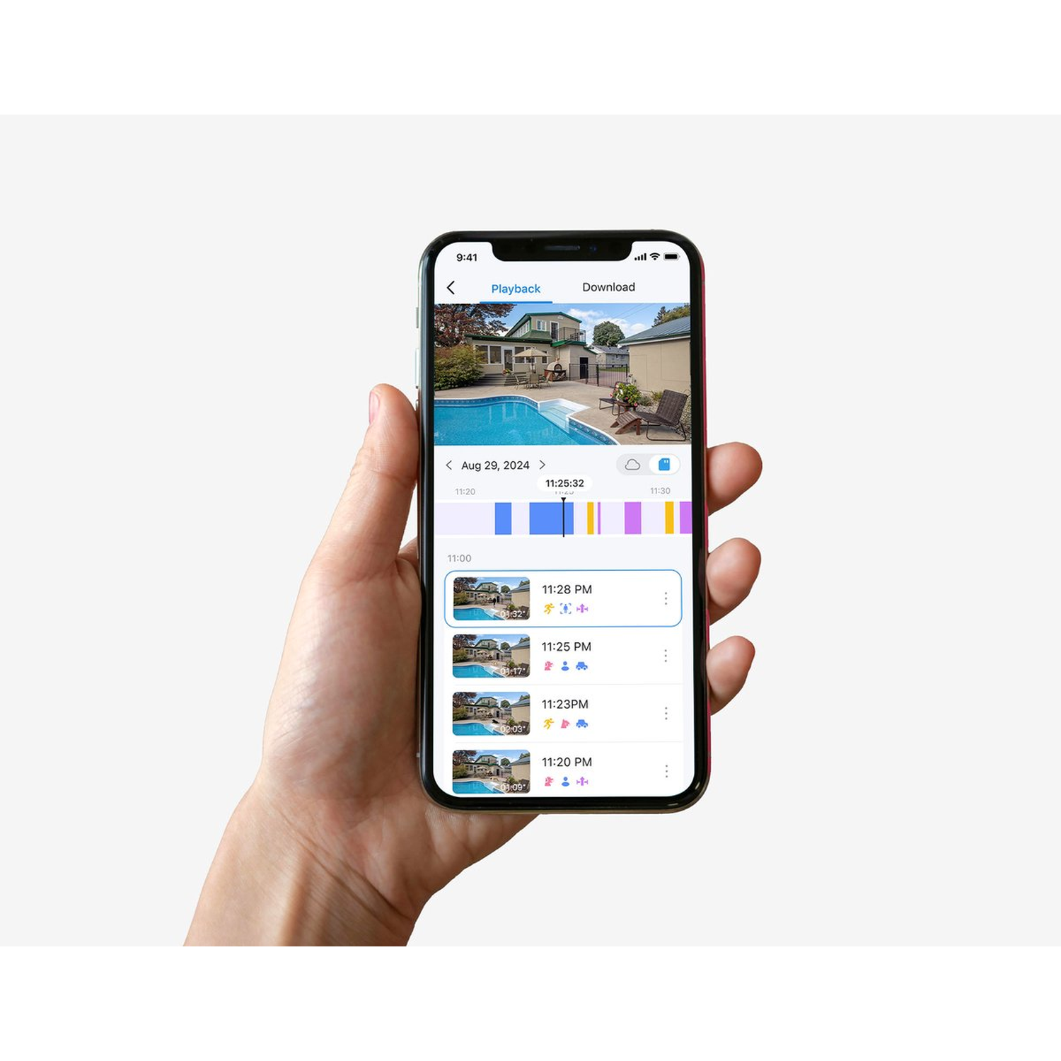 A hand holding a phone displays a pool area. The screen shows a playback timeline with timestamps and video thumbnails.