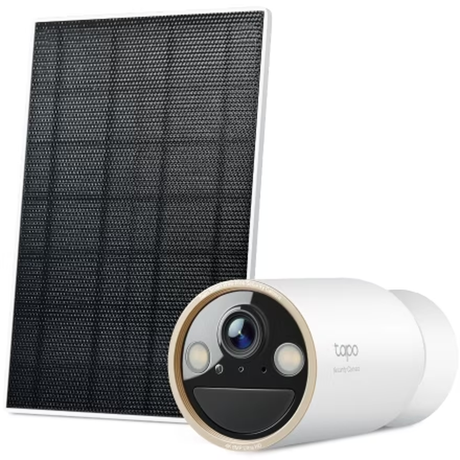 A white Tapo security camera with a solar panel. The camera has a gold ring around the lens, two lights, and the brand logo.