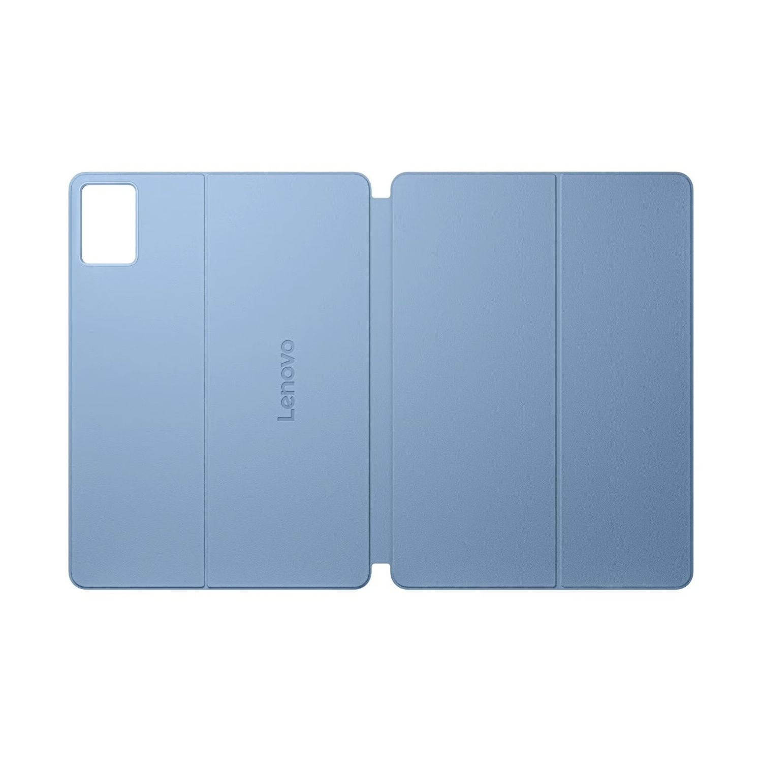 Una custodia per tablet Lenovo blu chiaro, aperta e piatta. Il logo Lenovo è al centro. Lo sfondo è bianco.