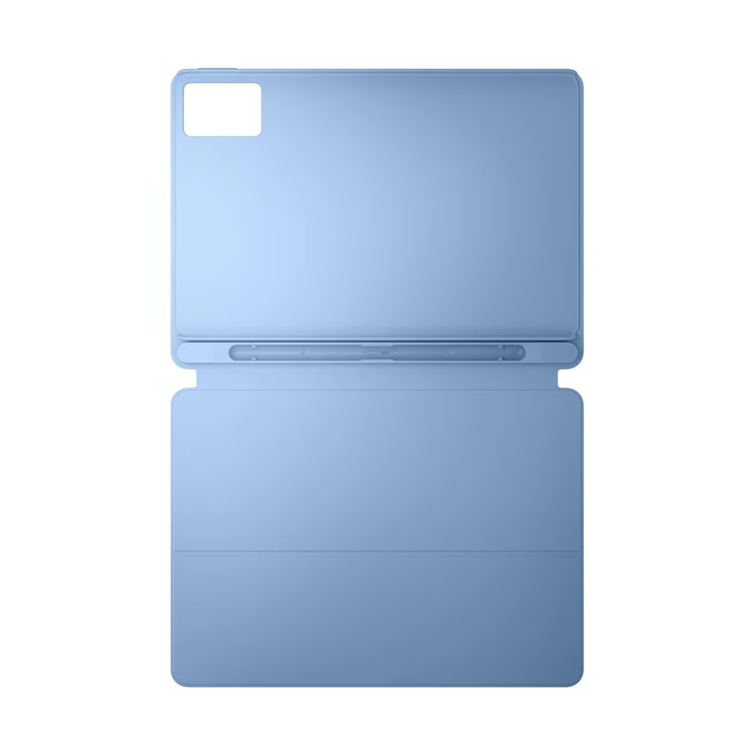 Una custodia per tablet azzurra, aperta, con un portapenne e un ritaglio rettangolare. È su sfondo bianco.