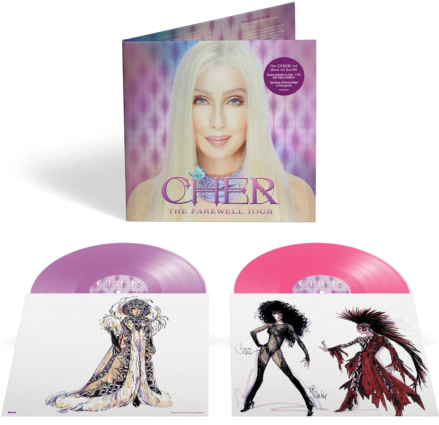 Cher album, lila és rózsaszín bakelit lemezek, album borító Cher képével és a turné címével, és illusztrációk a borítókon.