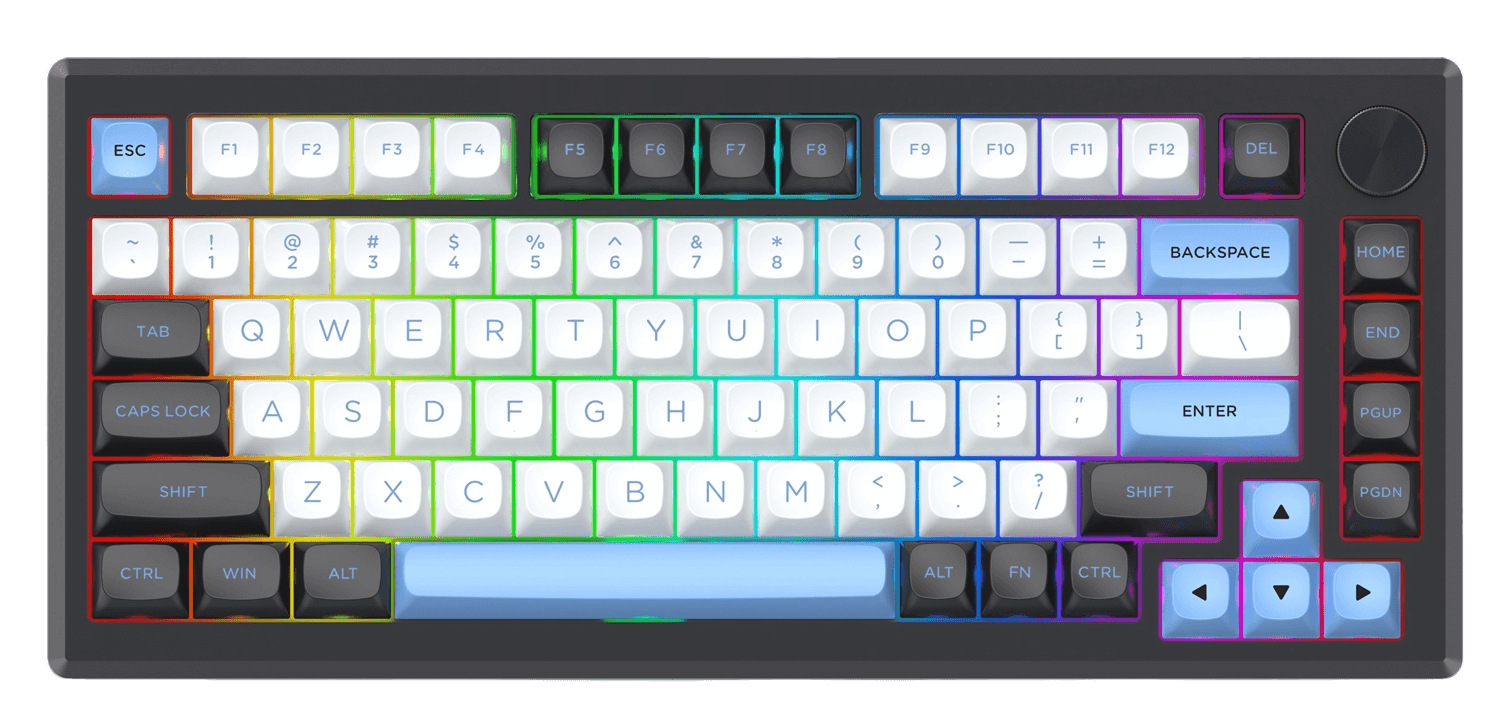 Czarna klawiatura z białymi klawiszami i kolorowym podświetleniem LED. Posiada standardowy układ QWERTY.