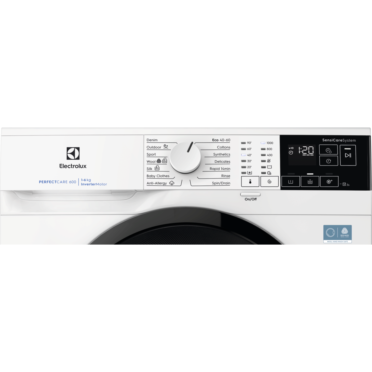 Fehér Electrolux mosógép vezérlőpanel. Ciklus opciókat, 1:20-at mutató digitális kijelzőt, és programválasztó tárcsát tartalmaz.