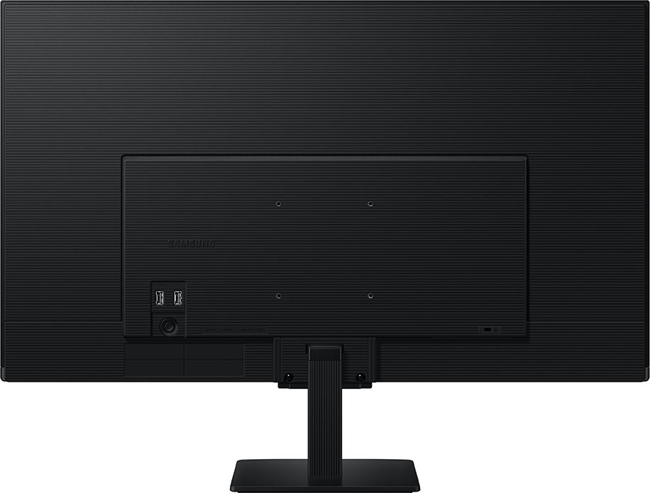 Egy fekete számítógép monitor hátulja állvánnyal. USB, táp és egyéb csatlakozók. A Samsung logó látható.
