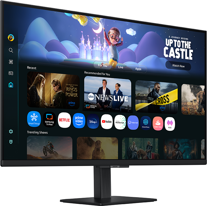 Egy TV-monitor streamelő alkalmazásokat jelenít meg. A képernyőn egy rajzfilm látható kastéllyal és egy szemüveges személlyel, valamint alkalmazásikonokkal.