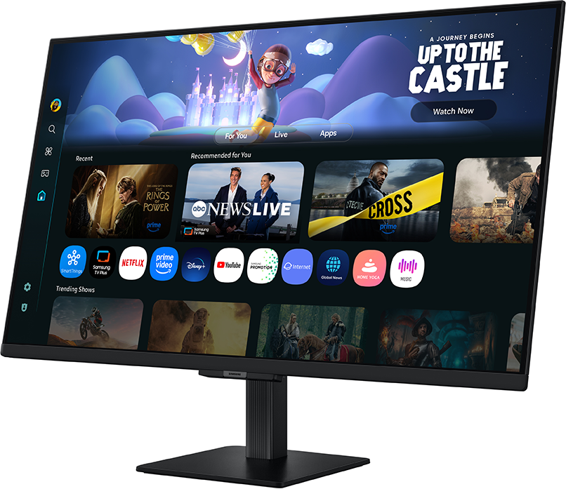 Egy TV képernyő streamelési szolgáltatás tartalmát jeleníti meg. Egy rajzolt gyerek egy kastély felé repül. A műsorok a Rings of Power, News Live és a Cross.