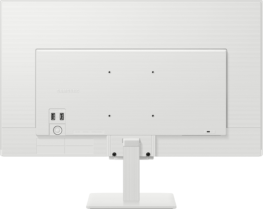 Egy fehér Samsung monitor hátulnézete. Portok, állvány és texturált felület található rajta.