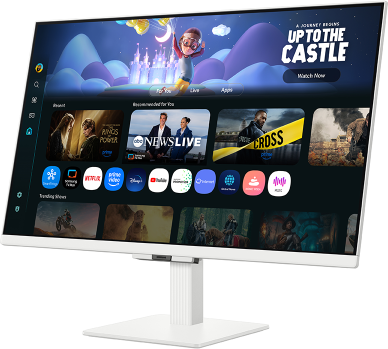 Egy fehér Samsung monitor okostévé felületet jelenít meg. A műsorok között szerepel a Rings of Power, a News Live és egy rajzfilm egy várral.