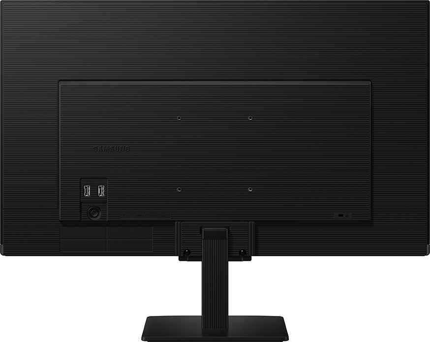 Egy fekete Samsung monitor hátulról. Van állványa, portjai és Samsung logója. A felület vízszintes vonalakból áll.