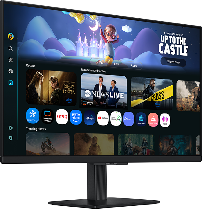Egy monitor streaming szolgáltatás felületet jelenít meg. A képernyőn alkalmazásikonok, rajzfilmgrafika és film-/TV-műsor-ajánlók láthatók.