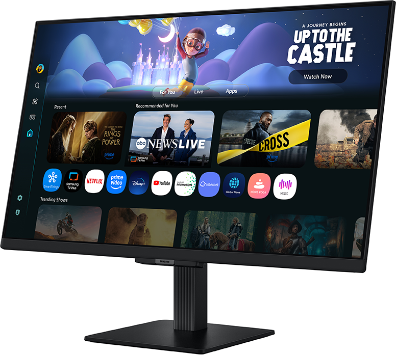 Egy fekete monitor streaming szolgáltatás felületét jeleníti meg. Egy rajzolt gyerek egy vár felé repül. Alkalmazások és műsorok láthatók.