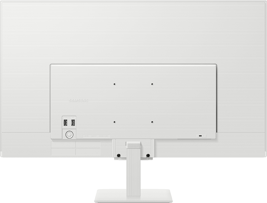 Egy fehér Samsung monitor hátulja látható. Van rajta állvány, portok és a Samsung logója. A hátlap textúrázott.