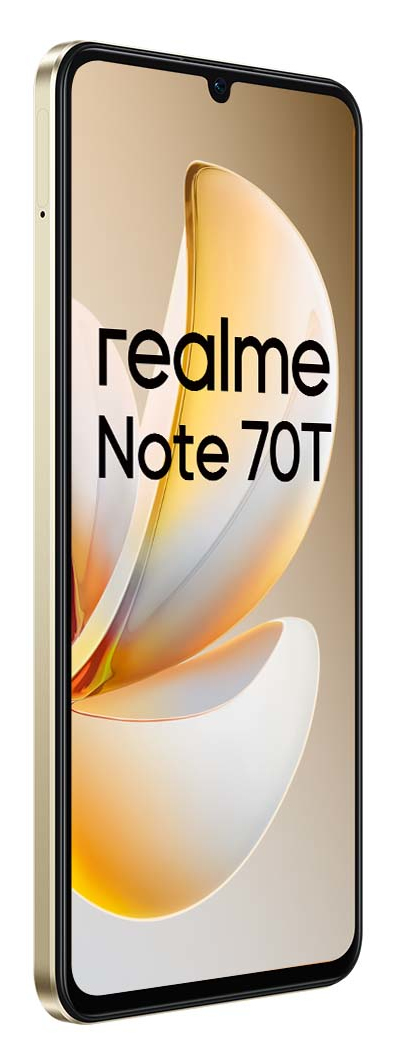 Złoty smartfon Realme Note 70T z czarną ramką. Ekran wyświetla stylizowany wzór z nazwą telefonu.