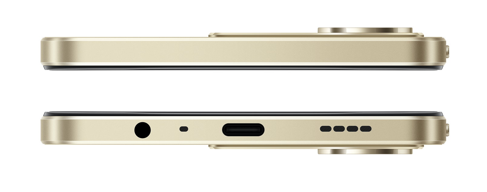 Wyświetlane są dwa złote smartfony, pokazujące bok i spód z portami, głośnikami i wybrzuszeniem aparatu.