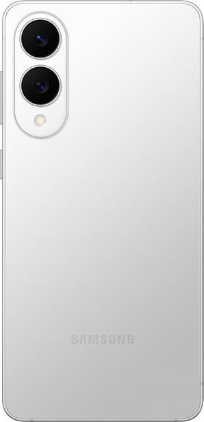 Fehér okostelefon hátlapja. Két kameraháló és egy vaku függőlegesen. Samsung logó alul.