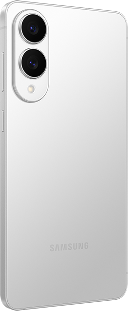 Egy fehér okostelefon hátlapja látható, három kamerával és a Samsung logóval. A telefon enyhén oldalra van döntve.