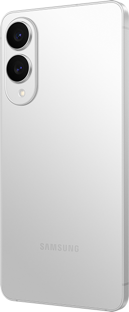 Ezüst Samsung okostelefon hátlapja. Két kameralencse és egy vaku látható. Az alsó részen a Samsung logója látható.